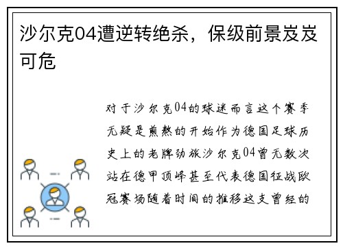 沙尔克04遭逆转绝杀，保级前景岌岌可危
