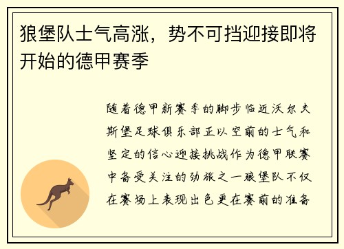 狼堡队士气高涨，势不可挡迎接即将开始的德甲赛季