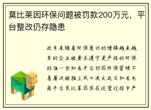 莫比莱因环保问题被罚款200万元，平台整改仍存隐患